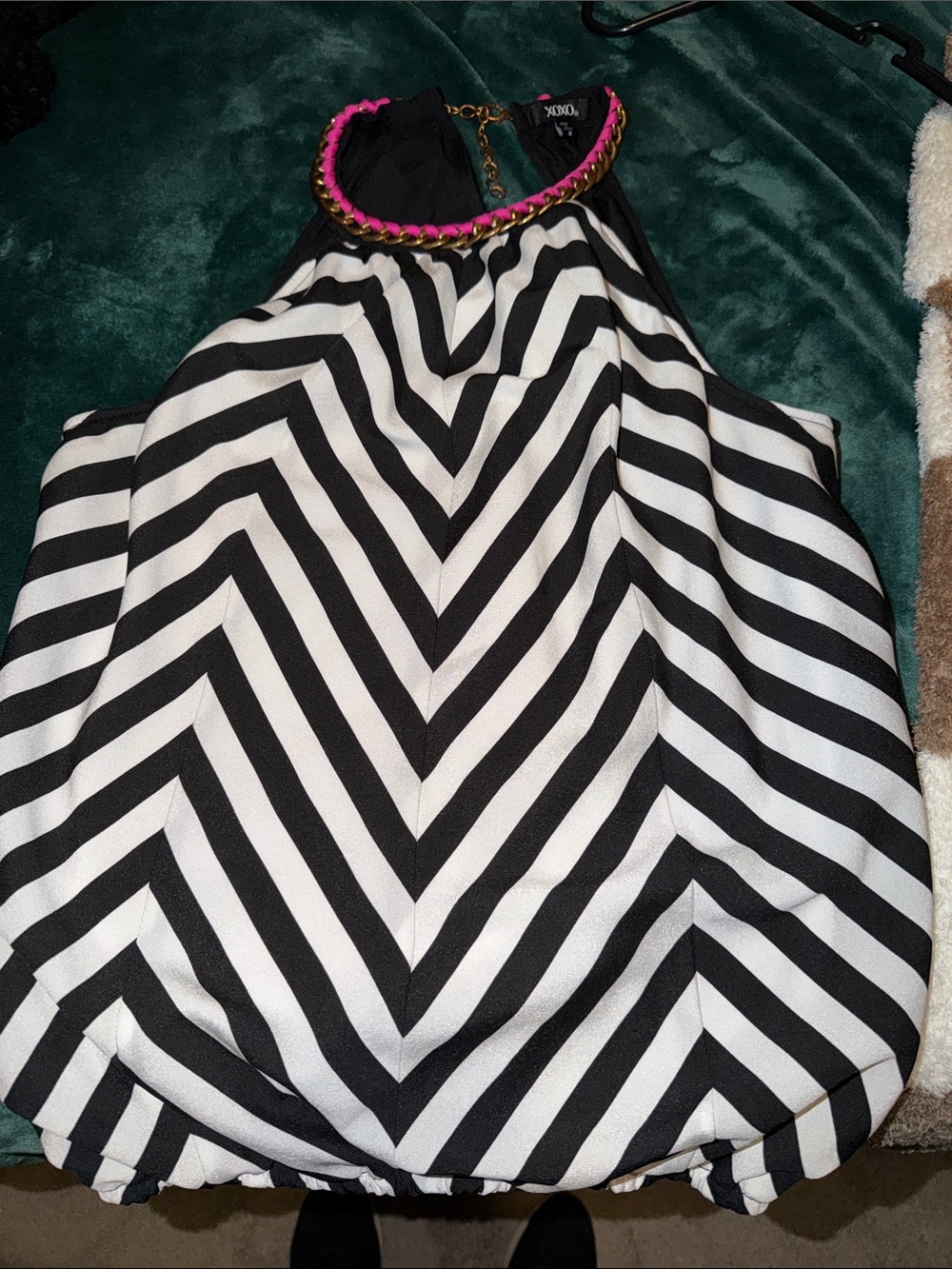 XOXO Black & White Chevron Halter Top with Pink Chain Trim